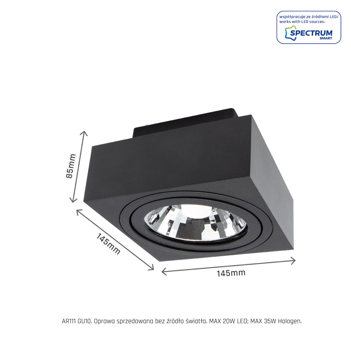 LED Spot AR111 K3000 GU10 Surface-Mounted Black Square IP20 Regulated Eye