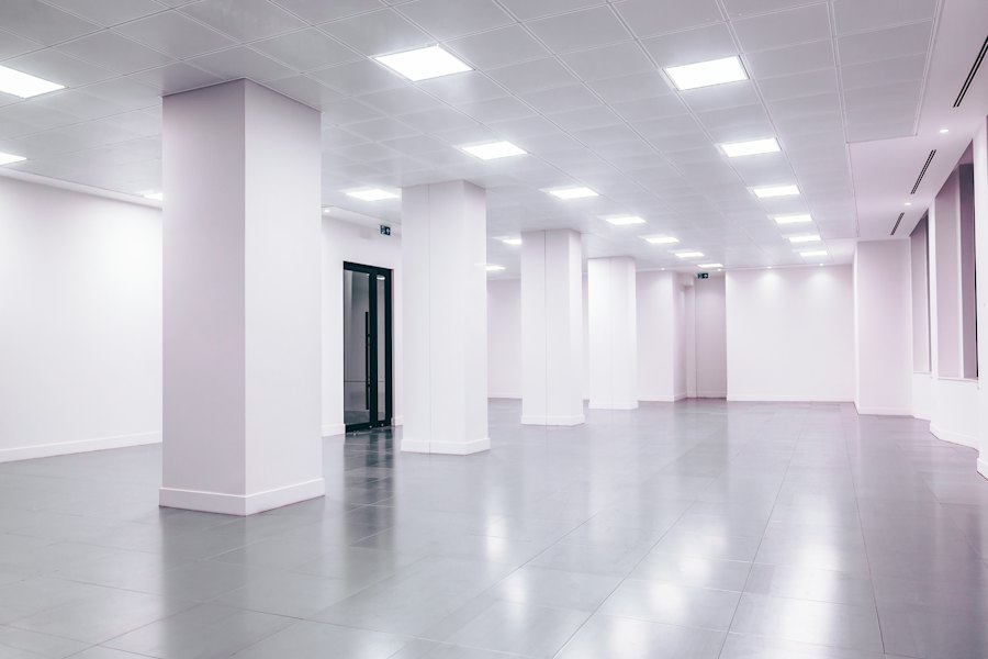 Room with square LED panels in the suspended ceiling