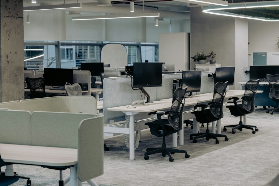 Open-plan office with ceiling lighting