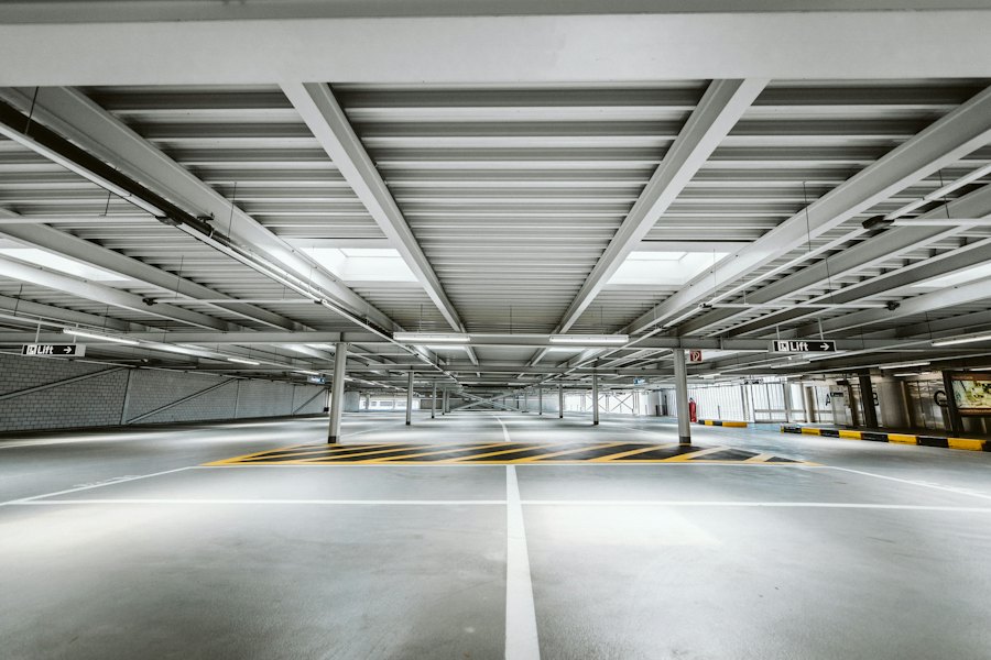 Car park with long batten luminaires on the ceiling