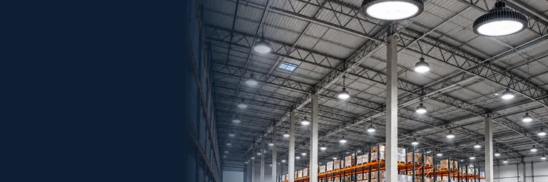 LED UFO high bays in a warehouse