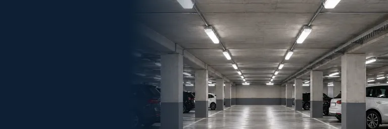 Waterproof LED tube luminaires in a car park